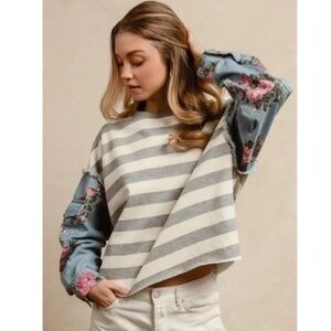 BiBi Gray and Blue Striped Top with Floral Sleeves